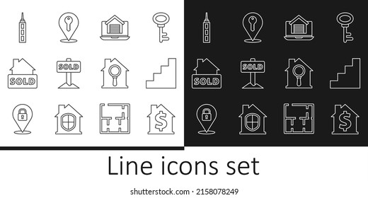 Set line House with dollar symbol, Staircase, Online real estate house, Hanging sign text Sold, Skyscraper, Search and Location key icon. Vector