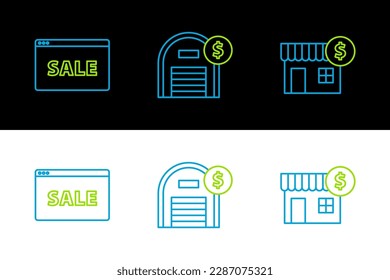 Legen Sie die Zeile Haus mit Dollar Symbol, Hanging-Schild Text Online-Verkauf und Lager Symbol. Vektorgrafik