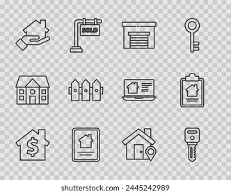 Set line House with dollar symbol, key, Garage, Online real estate house, Realtor, Garden fence wooden, Location and contract icon. Vector