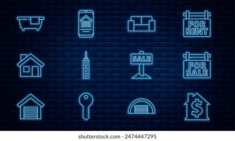 Set line House with dollar symbol, Hanging sign For Sale, Sofa, Skyscraper, Bathtub,  and Online real estate house icon. Vector