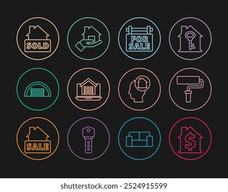 Set-Linie Haus mit Dollar-Symbol, Paint-Walzenbürste, hängendes Zeichen zum Verkauf, Online-Immobilien-Haus, Garage, Text Verkauft, Mann träumen über Kauf und Makler-Symbol. Vektorgrafik