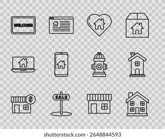 Set line House with dollar symbol, Home, heart shape, Hanging sign text Sale, Doormat the Welcome, Mobile phone smart home, Shopping building market store and  icon. Vector