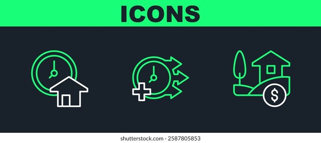 Set line House with dollar, Time is money and Clock icon. Vector