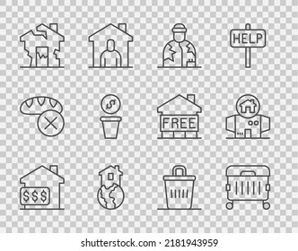 Set Line House With Dollar, Trash Can, Homeless, Shelter For Homeless, Ruined House, Donation Money,  And Cardboard Icon. Vector