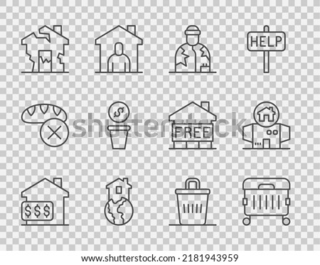 Set line House with dollar, Trash can, Homeless, Shelter for homeless, Ruined house, Donation money,  and cardboard icon. Vector