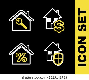 Set line House with dollar, under protection, percant and key icon. Vector