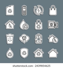 Set line House, Eco friendly house, Radioactive waste in barrel, Recycle clean aqua, fuel canister and Shopping bag with recycle icon. Vector