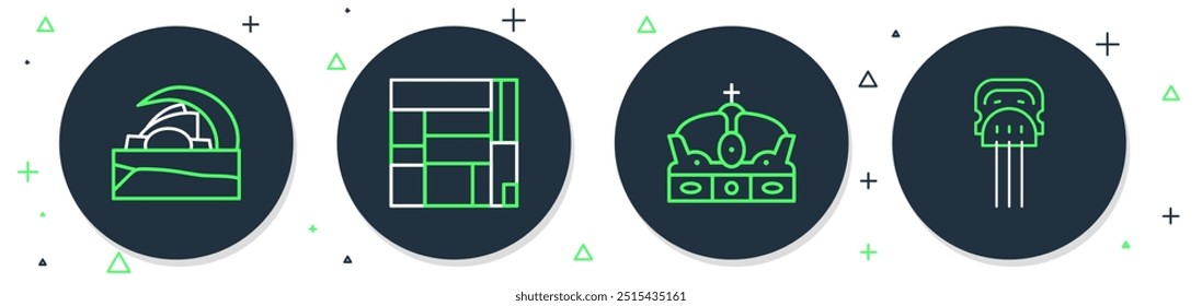 Set line House Edificio Mirador, Crown of spain, Concert hall de Tenerife and Peineta icon. Vector