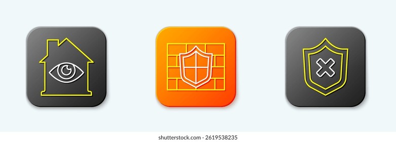 Set line House with eye scan, Shield brick wall and cross mark icon. Vector