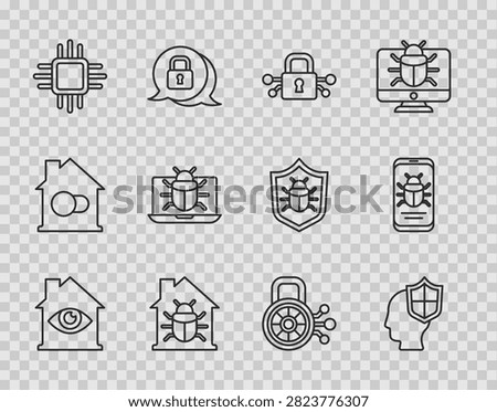 Set line House with eye scan, Head shield, Cyber security, system bug, Processor microcircuits CPU, System on monitor,  and mobile icon. Vector