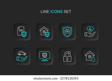 Set line House flood, Broken or cracked lock, Location shield, Car insurance, Life hand, Briefcase with,  and Contract icon. Vector