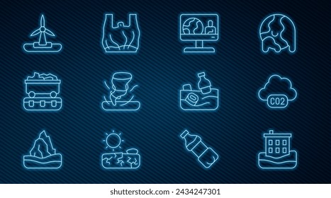 Set line House flood, CO2 emissions in cloud, Weather forecast, Tornado, Coal train wagon, Wind turbine, Problem pollution of ocean and Say no to plastic bags poster icon. Vector