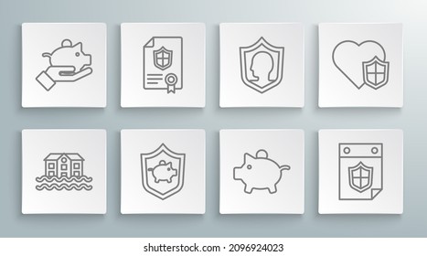 Fijar la línea Inundación en la Casa, Contrato con escudo, Banco de Cerdo, Calendario, Seguro de Vida e icono de mano. Vector