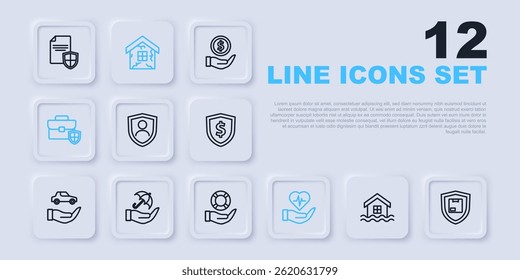 Set line House flood, Delivery security with shield, Life insurance, hand, Briefcase, Umbrella,  and Lifebuoy icon. Vector