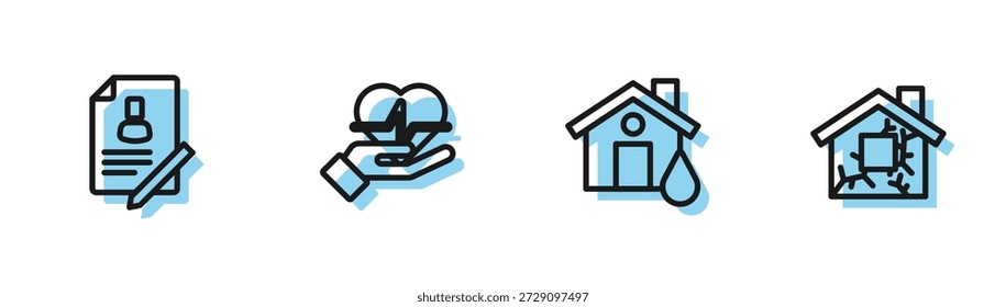Set line Casa inundación, Documento con escudo, Seguro de vida en mano e icono. Vector