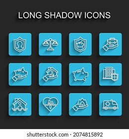 Set line House flood, Health insurance, Life with shield, Hand holding fire, Emergency car,  and Piggy bank icon. Vector