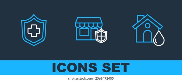 Set line House flood, Health insurance and Travel suitcase with shield icon. Vector