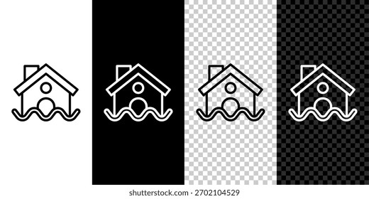 Icono de la inundación de la casa aislado en el fondo blanco y negro. Inundación de viviendas bajo el agua. Concepto de seguro. Seguridad, seguridad, protección, proteger el concepto.