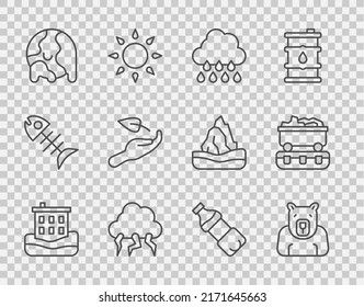 Set line House flood, Polar bear head, Cloud with rain, Storm, Global warming, Sprout hand, Bottle of water and Coal train wagon icon. Vector