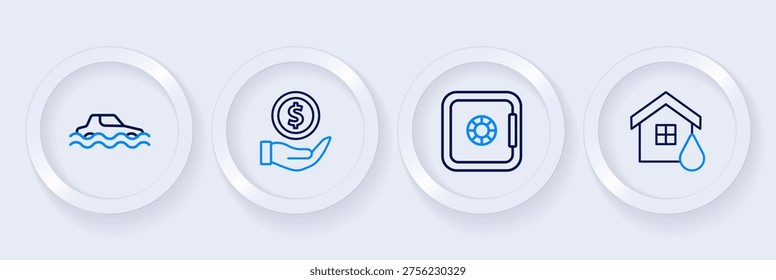 Set line House flood, Safe, Money with shield and Flood car icon. Vector