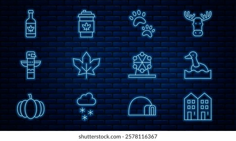 Set line House, Flying duck, Paw print, Canadian maple leaf, totem pole, Beer bottle, Ferris wheel and Coffee cup go icon. Vector