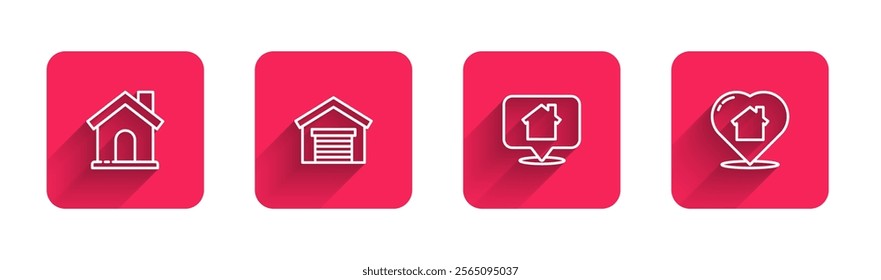 Set line House, Garage, Location with house and heart shape with long shadow. Red square button. Vector