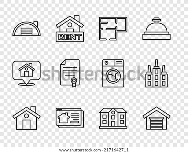 Set line House,\
Garage, plan, Online real estate house, Warehouse, contract,  and\
Skyscraper icon. Vector