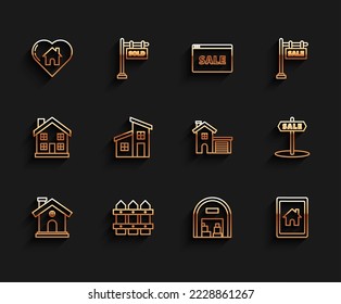 Set line House, Garden fence wooden, with heart shape, Warehouse, Tablet and smart home, Hanging sign text Sale and  icon. Vector