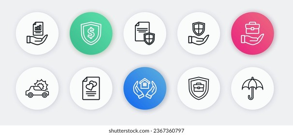 Set line House in hand, Hand holding briefcase, Car insurance, Briefcase with shield, Shield, Contract, Umbrella and Marriage contract icon. Vector