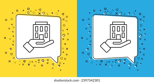 Fijar la línea Casa en el icono de la mano aislado en el fondo amarillo y azul. Concepto de seguro. Seguridad, seguridad, protección, concepto de protección.  Vector