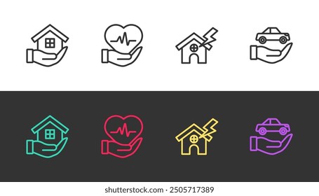 Set line House in hand, Life insurance, lightning and Car on black and white. Vector