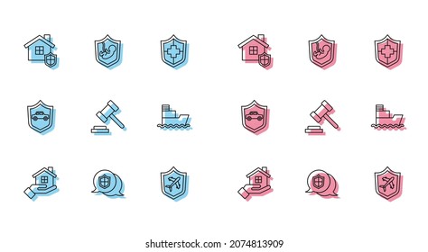 Set line House in hand, Location shield, with, Plane, Judge gavel, Ship, Car and Life insurance icon. Vector