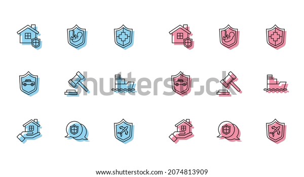 Set line House\
in hand, Location shield, with, Plane, Judge gavel, Ship, Car and\
Life insurance icon.\
Vector