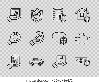 Set line House in hand, Money with shield, Car, Safe, Umbrella, Delivery insurance and Piggy bank icon. Vector