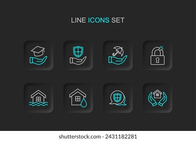 Set line House in hand, Shield, flood, Broken or cracked lock, Umbrella,  and Education grant icon. Vector