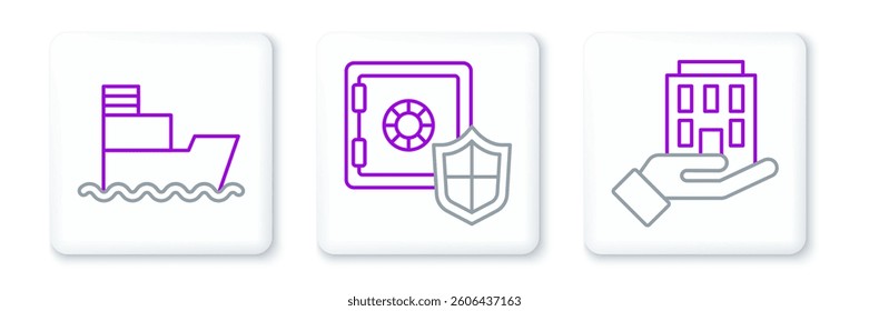Set line House in hand, Ship and Safe with shield icon. Vector