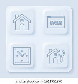 Set line House, Hanging sign with text Online Sale, Clock and Search house. White square button. Vector