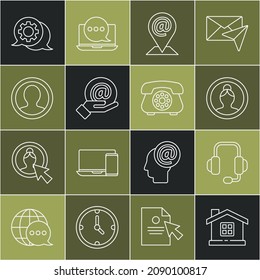 Set line House, Headphones, Create account screen, Location and mail and e-mail, Mail in hand, Speech bubble chat and Telephone icon. Vector