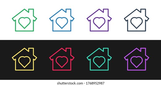 Set line House with heart inside icon isolated on black and white background. Love home symbol. Family, real estate and realty. Vector.