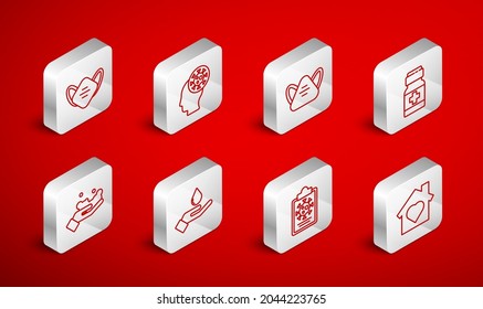 Set line House with heart inside, Human and virus, Medical protective mask, Medicine bottle pills, Clipboard blood test results, Washing hands soap and  icon. Vector