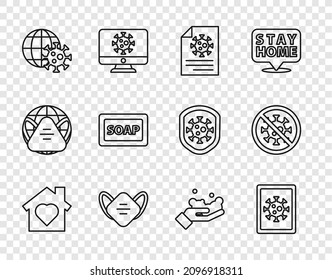 Set line House with heart inside, Virus statistics on monitor, Clipboard blood test results, Medical protective mask, Earth globe virus, Bar of soap, Washing hands and Stop icon. Vector