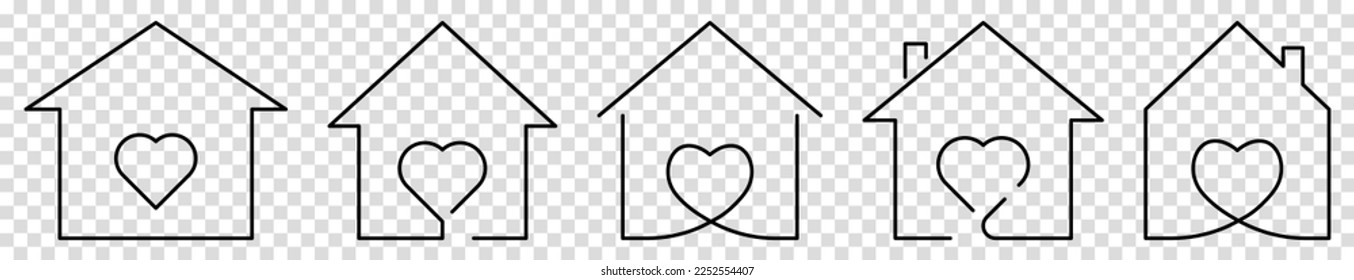 Set of line house with heart inside icons. Vector illustration isolated on transparent background