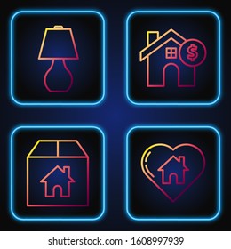 Set line House with heart shape, Cardboard box with house, Table lamp and House with dollar symbol. Gradient color icons. Vector
