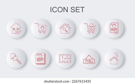 Set Line House mit Herzform, Schlüssel, Hängezeichen für den Verkauf, Häkchen, Warenkorb Haus, Vertrag und Plan Symbol. Vektorgrafik