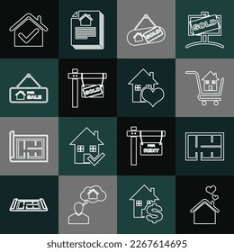 Set line House with heart shape, plan, Shopping cart house, Hanging sign Sold, For Sale, check mark and  icon. Vector