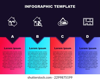 Set line House with heart shape, Search house, Hanging sign Open and plan. Business infographic template. Vector