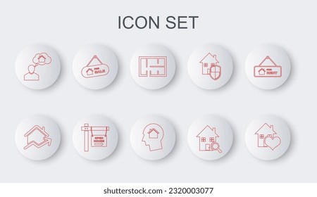 Set line House with heart shape, Rising cost of housing, plan, Search house, Man dreaming about buying, Hanging sign For Sale, Open and  icon. Vector