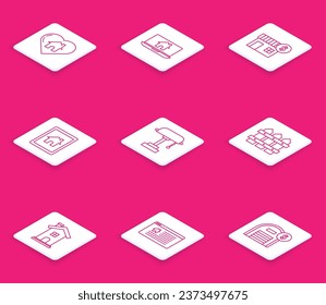 Set line House with heart shape, Laptop and smart home, dollar symbol, Tablet, lamp, Garden fence wooden, Home and Hanging sign text Online Sale icon. Vector