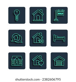 Set line House, with heart shape, Garage, Hanging sign Sold, wrong mark, Real estate message house, key and Bed icon. Vector