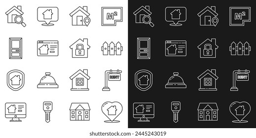 Set line House with heart shape, Hanging sign Rent, Garden fence wooden, Location house, Online real estate, Closed door, Search and under protection icon. Vector